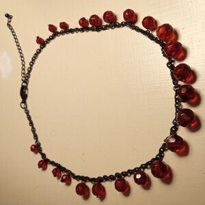 Red Glass Bead Necklace With Black Chain.